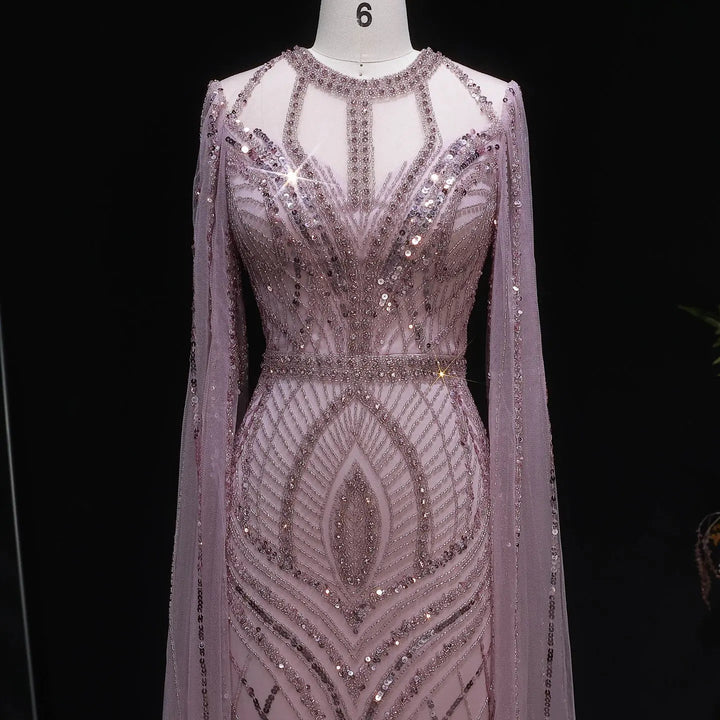 Elegant Pink Evening Gown Beads with sheer cape sleeves SS126