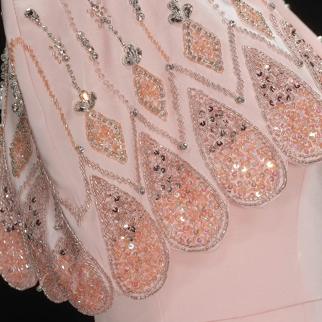 Luxury Pink Evening Dress with Sparkly Crystal Shoulder Cape SS302