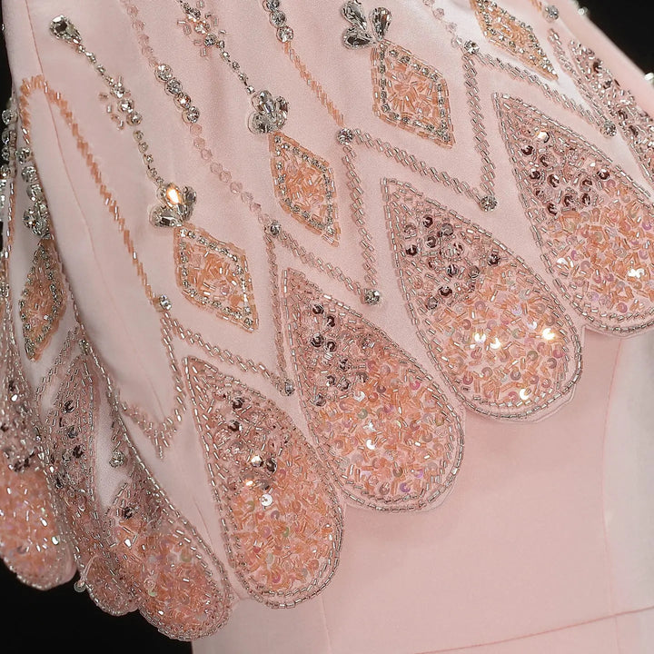 Luxury Pink Evening Dress with Sparkly Crystal Shoulder Cape SS302
