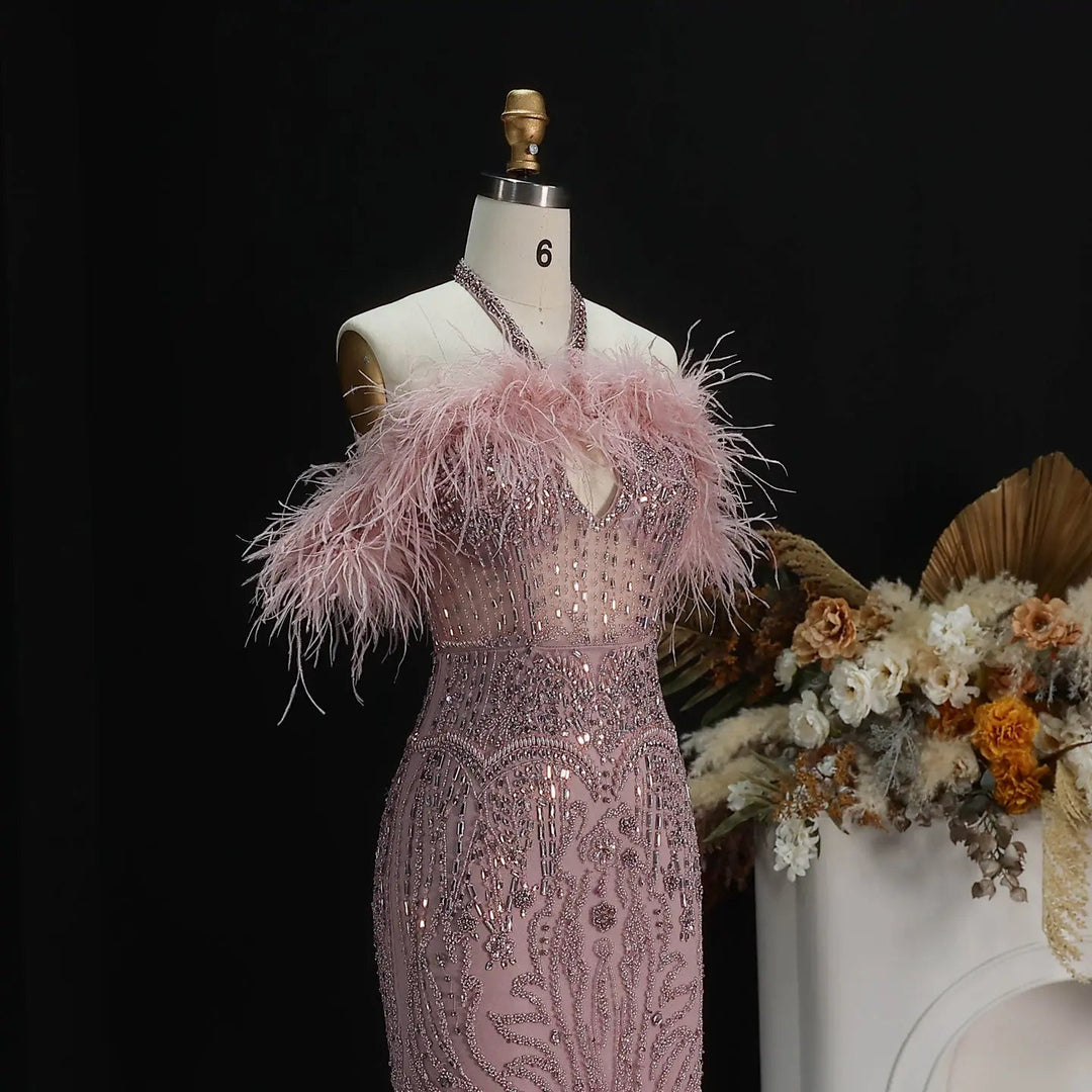 Romantic Feathered Evening Gown with Beaded Bodice Halter Neckline SS124