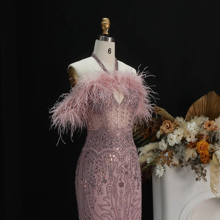 Romantic Feathered Evening Gown with Beaded Bodice Halter Neckline SS124