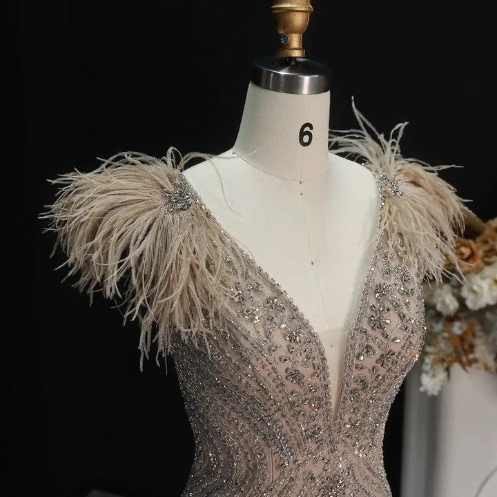 Luxury Champagne Feather Evening Dress with Crystal Beading SS122