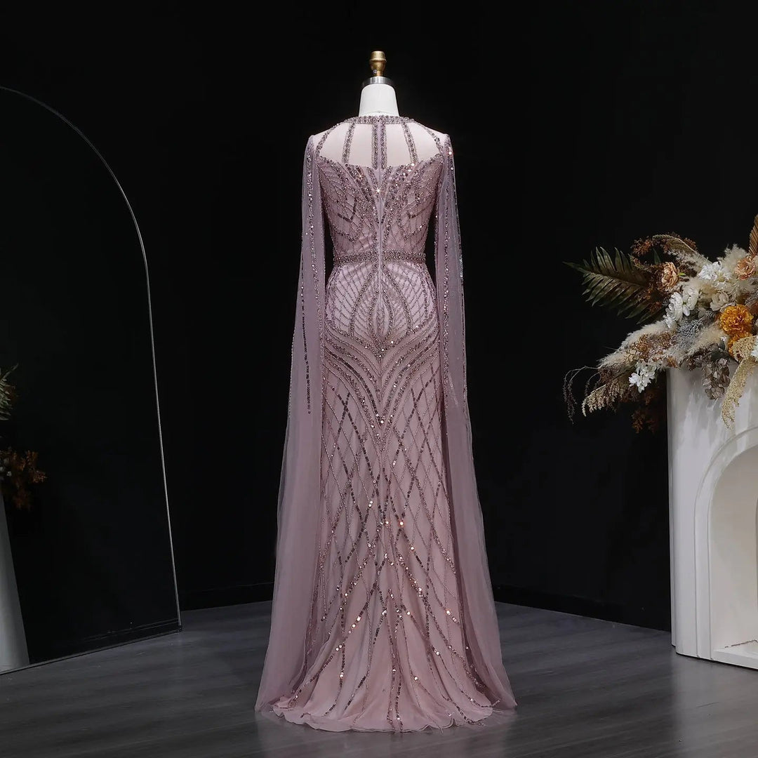 Elegant Pink Evening Gown Beads with sheer cape sleeves SS126
