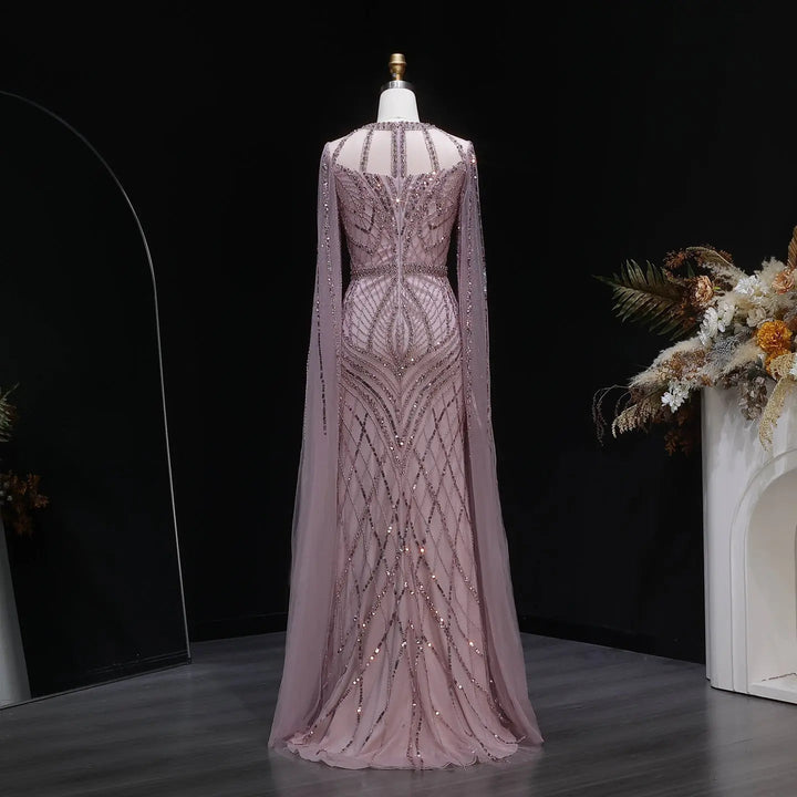 Elegant Pink Evening Gown Beads with sheer cape sleeves SS126