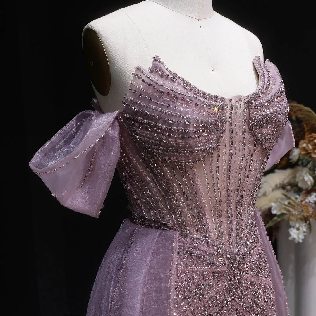 Luxury Pink Crystal Off-Shoulder Evening Dress With Overskirt SS120