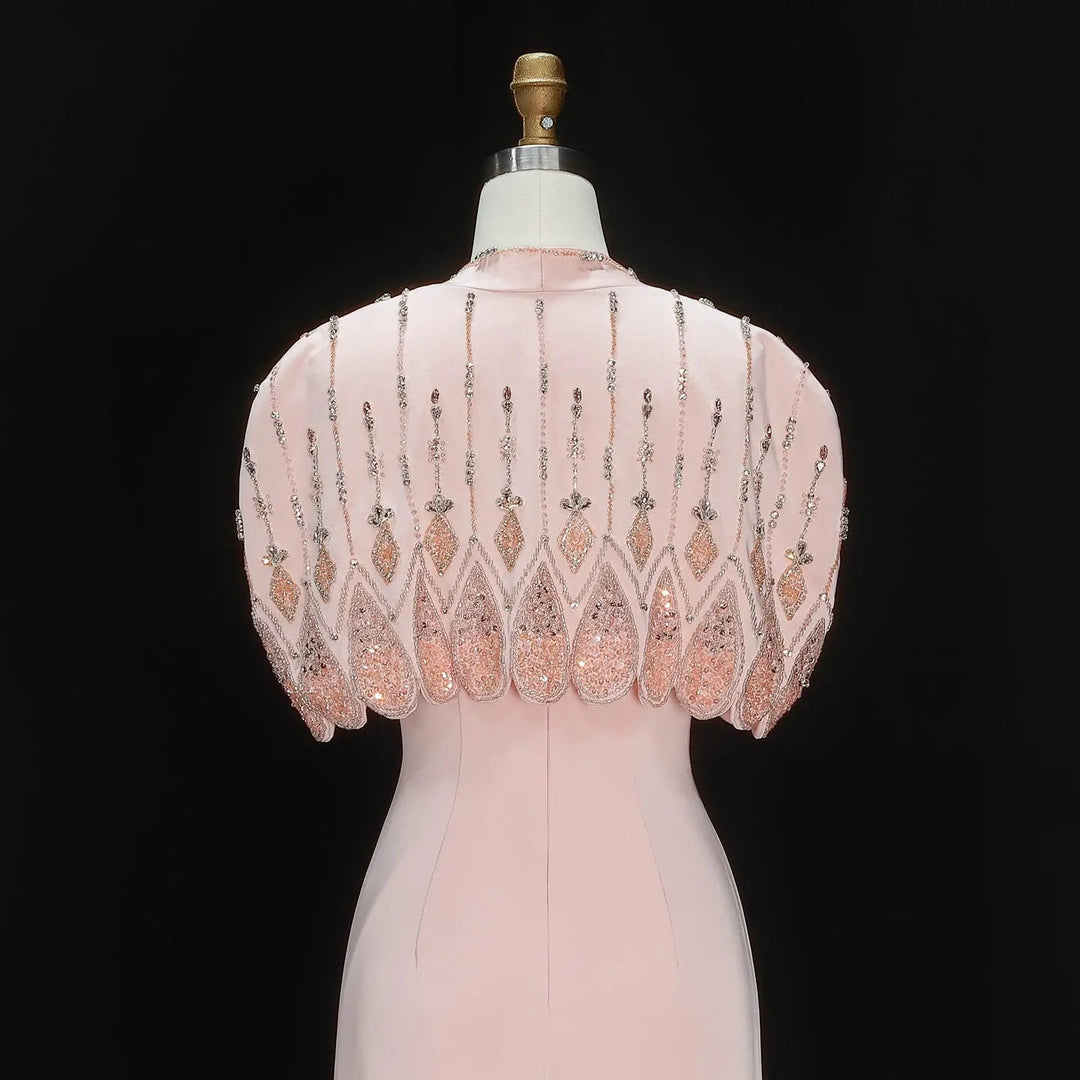 Luxury Pink Evening Dress with Sparkly Crystal Shoulder Cape SS302