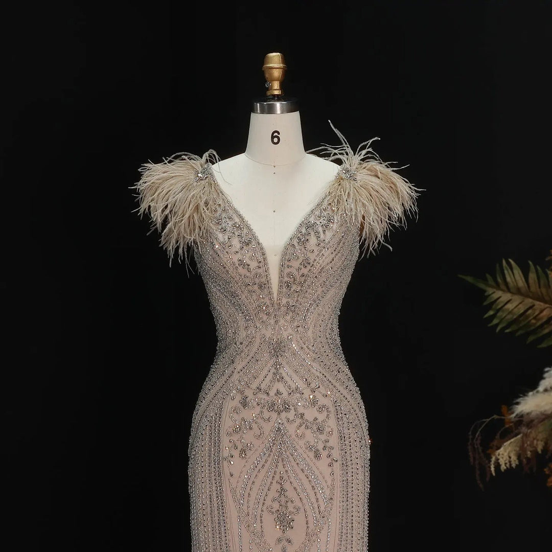 Luxury Champagne Feather Evening Dress with Crystal Beading SS122