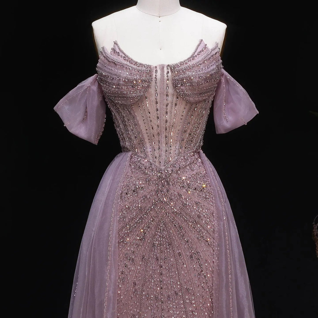 Luxury Pink Crystal Off-Shoulder Evening Dress With Overskirt SS120