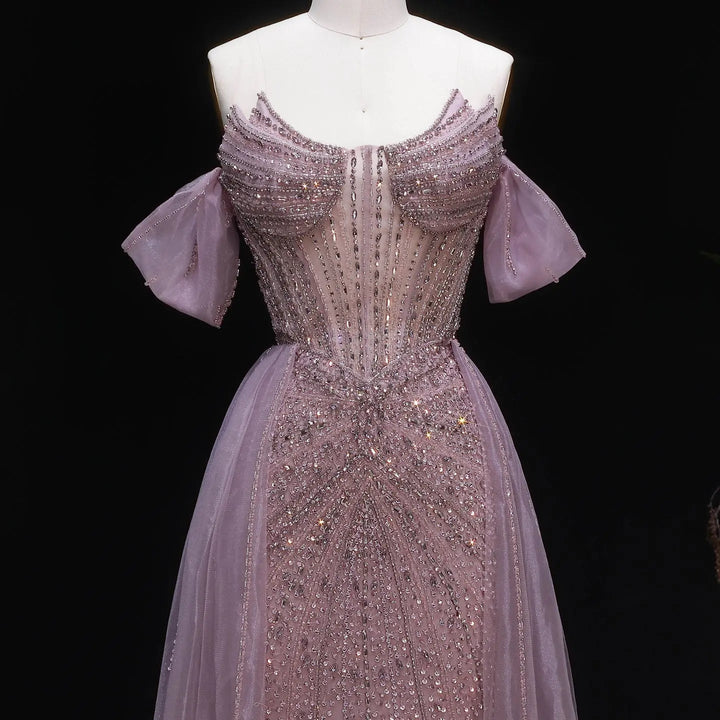 Luxury Pink Crystal Off-Shoulder Evening Dress With Overskirt SS120