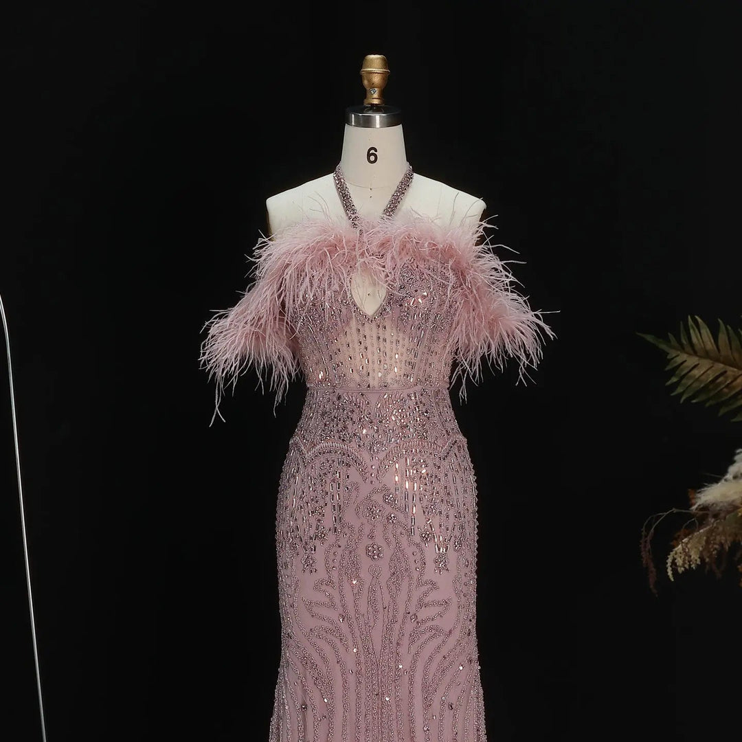 Romantic Feathered Evening Gown with Beaded Bodice Halter Neckline SS124