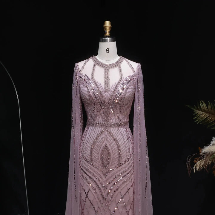 Elegant Pink Evening Gown Beads with sheer cape sleeves SS126