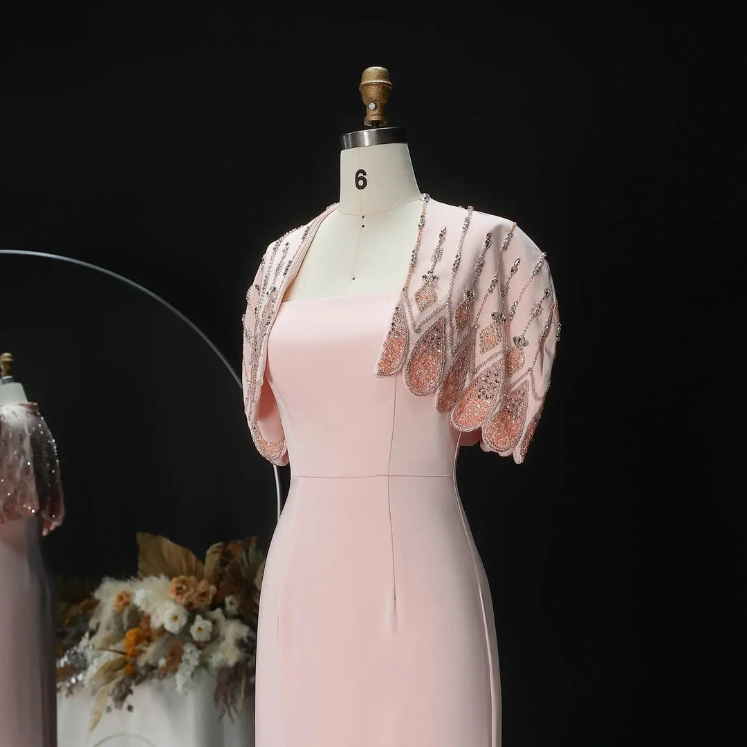 Luxury Pink Evening Dress with Sparkly Crystal Shoulder Cape SS302