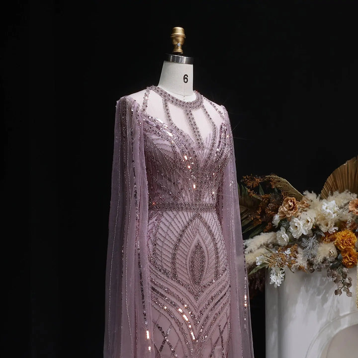 Elegant Pink Evening Gown Beads with sheer cape sleeves SS126