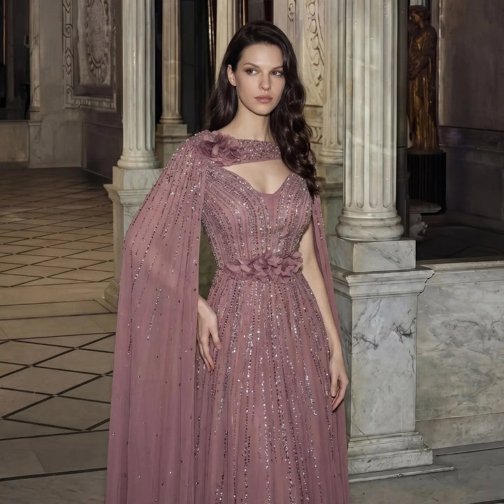 Beaded Cape Sleeve A-Line Prom Evening Dress SS052