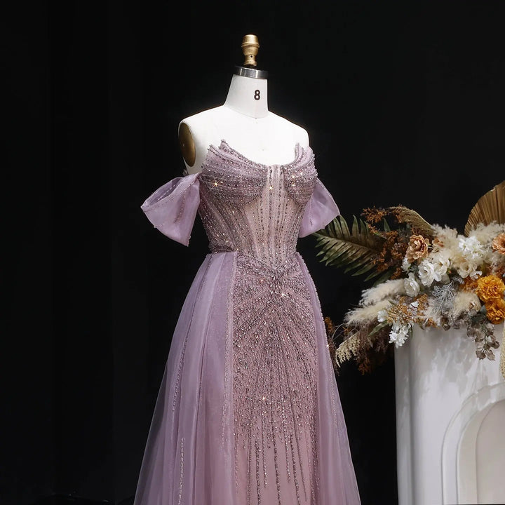 Luxury Pink Crystal Off-Shoulder Evening Dress With Overskirt SS120
