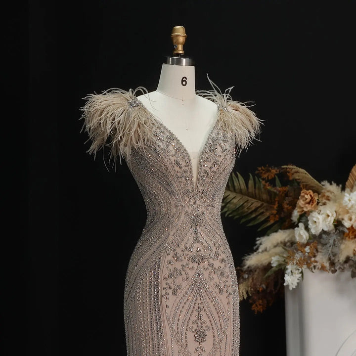 Luxury Champagne Feather Evening Dress with Crystal Beading SS122