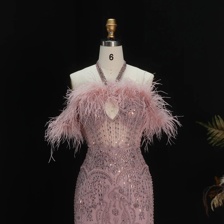 Romantic Feathered Evening Gown with Beaded Bodice Halter Neckline SS124