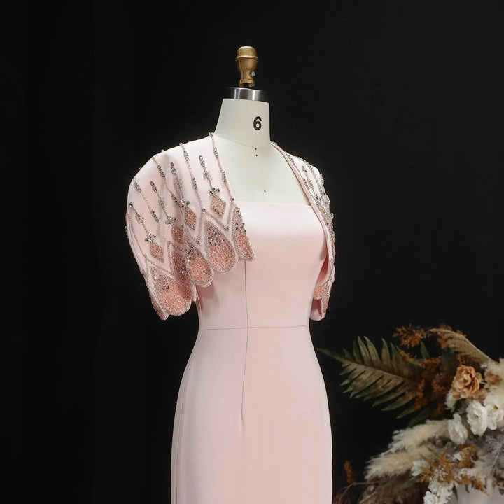 Luxury Pink Evening Dress with Sparkly Crystal Shoulder Cape SS302