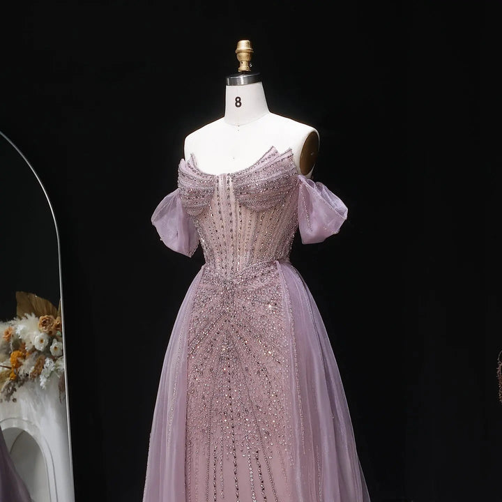 Luxury Pink Crystal Off-Shoulder Evening Dress With Overskirt SS120