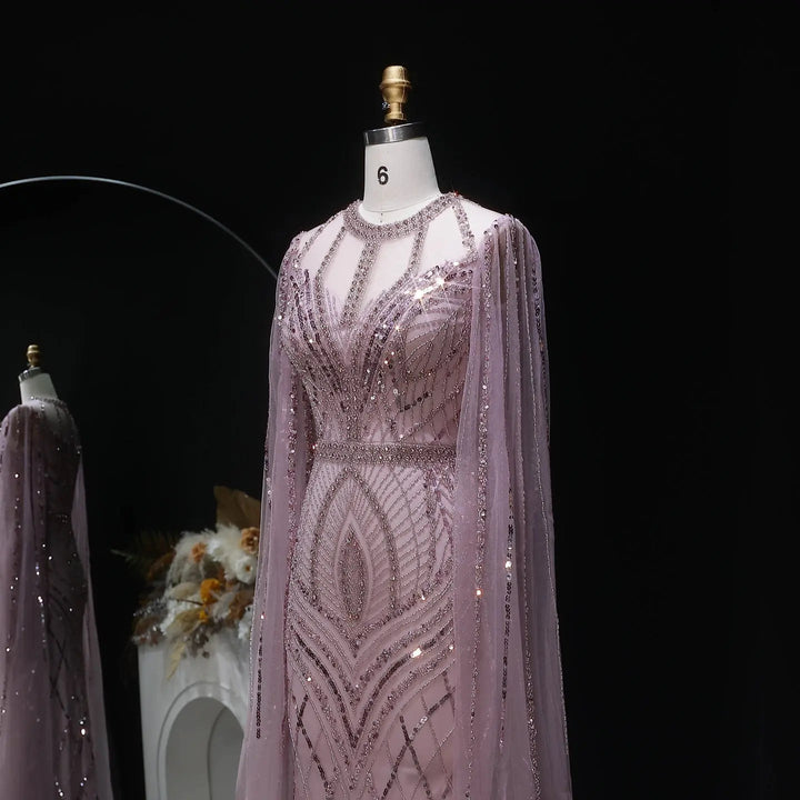 Elegant Pink Evening Gown Beads with sheer cape sleeves SS126