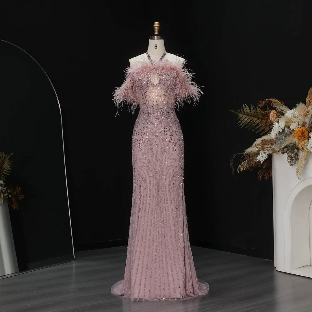 Romantic Feathered Evening Gown with Beaded Bodice Halter Neckline SS124