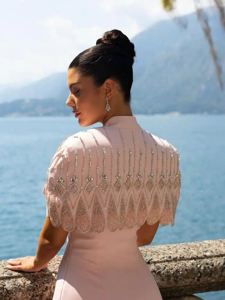 Luxury Pink Evening Dress with Sparkly Crystal Shoulder Cape SS302