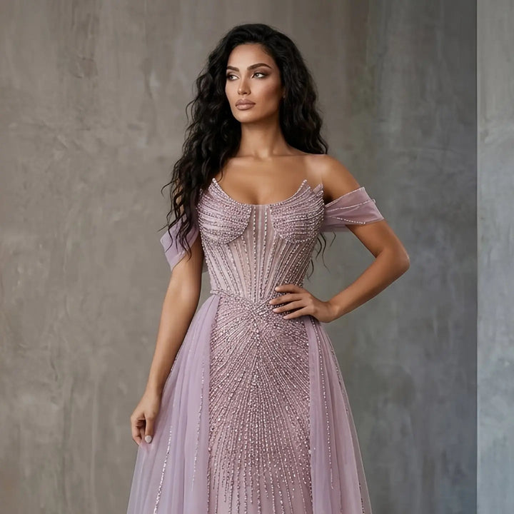 Luxury Pink Crystal Off-Shoulder Evening Dress With Overskirt SS120
