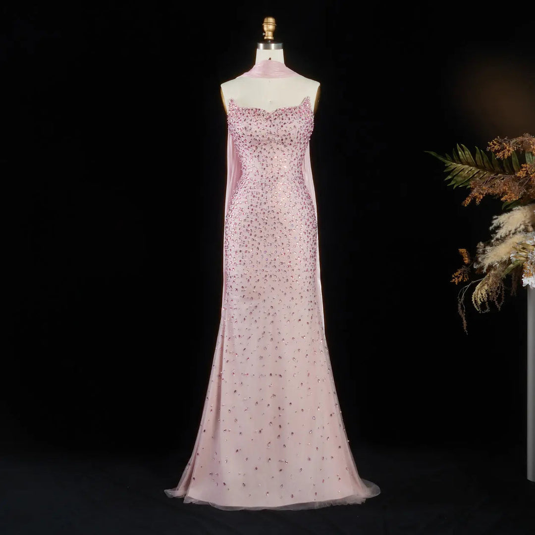 Elegant Pink Crystal Beaded Evening Dress with Sheer Wrap SS382