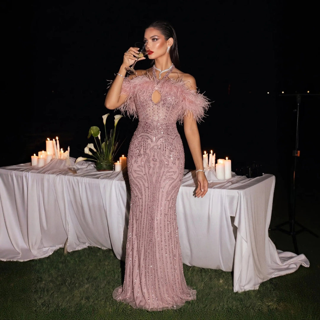 Romantic Feathered Evening Gown with Beaded Bodice Halter Neckline SS124