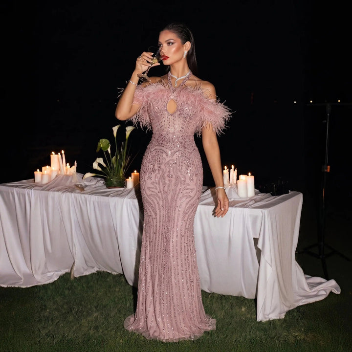 Romantic Feathered Evening Gown with Beaded Bodice Halter Neckline SS124