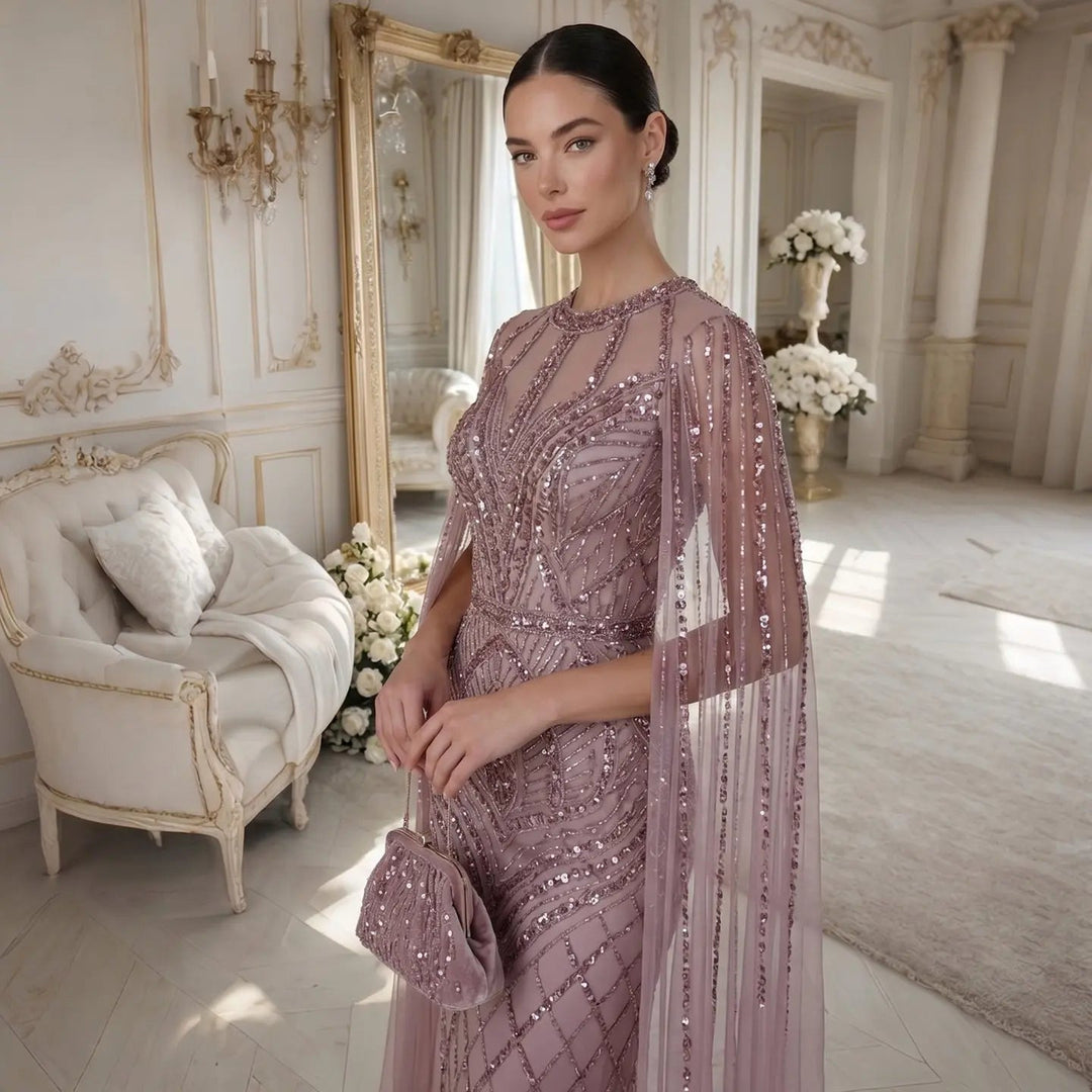 Elegant Pink Evening Gown Beads with sheer cape sleeves SS126