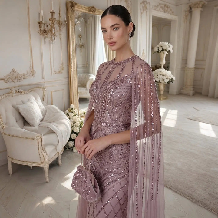 Elegant Pink Evening Gown Beads with sheer cape sleeves SS126