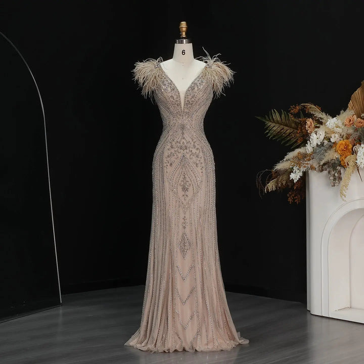 Luxury Champagne Feather Evening Dress with Crystal Beading SS122