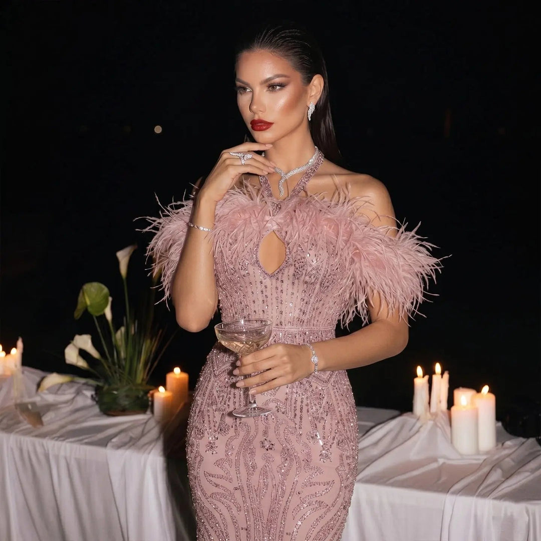 Romantic Feathered Evening Gown with Beaded Bodice Halter Neckline SS124