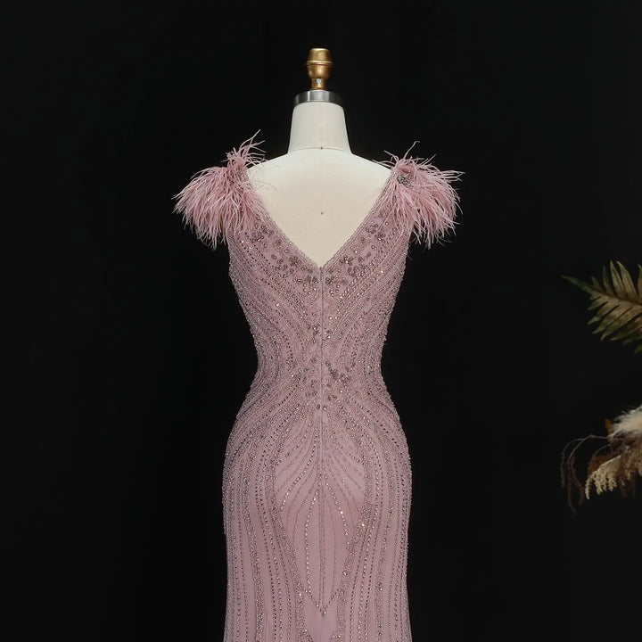 Luxury Champagne Feather Evening Dress with Crystal Beading SS122