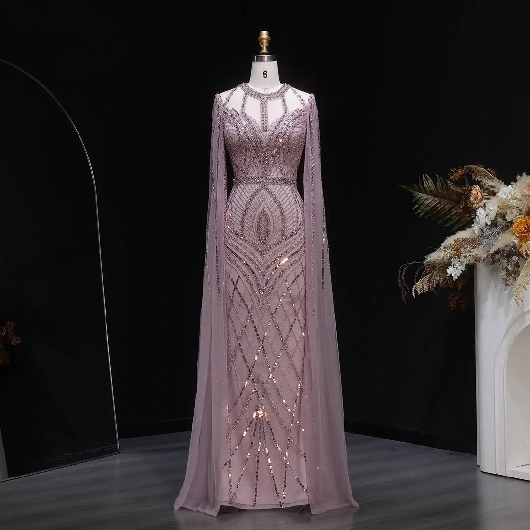 Elegant Pink Evening Gown Beads with sheer cape sleeves SS126