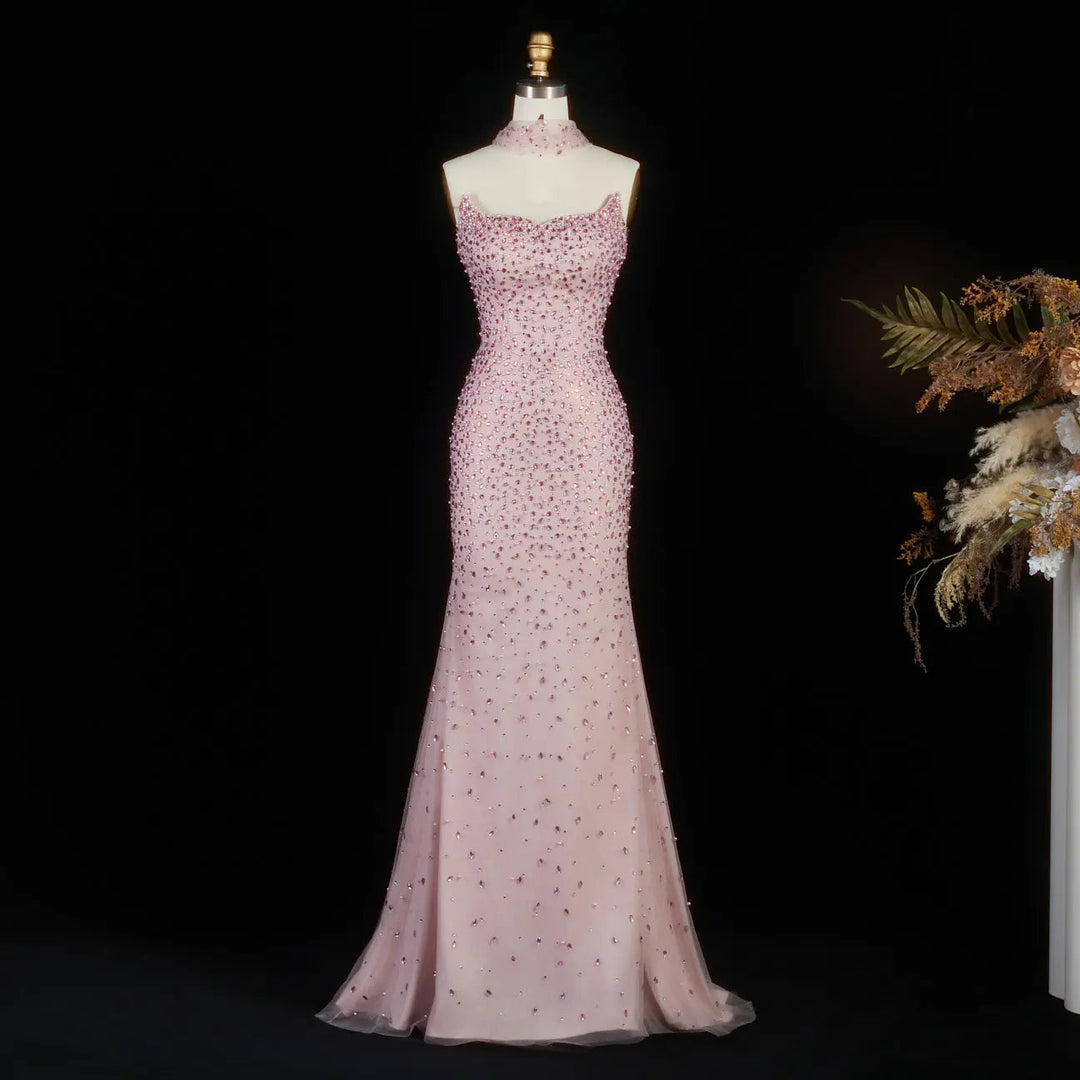Elegant Pink Crystal Beaded Evening Dress with Sheer Wrap SS382