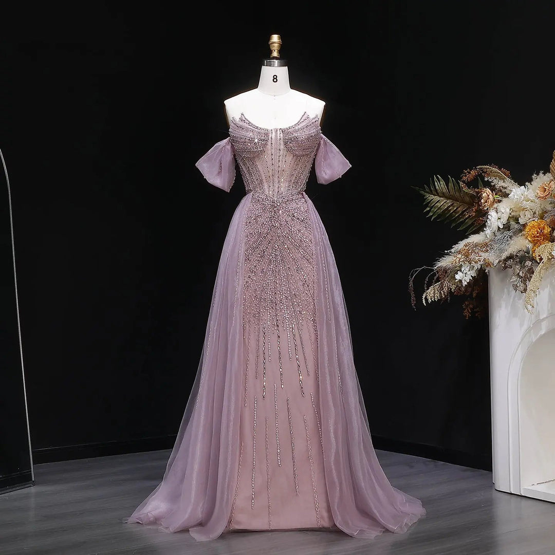 Luxury Pink Crystal Off-Shoulder Evening Dress With Overskirt SS120