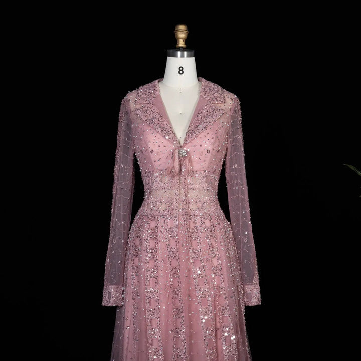 Luxury Champagne Gold Sequin Long Sleeve Evening Gown with Sheer Tulle Overlay SS419