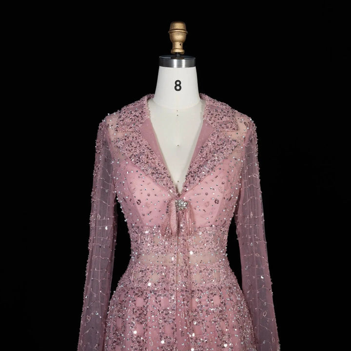 Luxury Champagne Gold Sequin Long Sleeve Evening Gown with Sheer Tulle Overlay SS419
