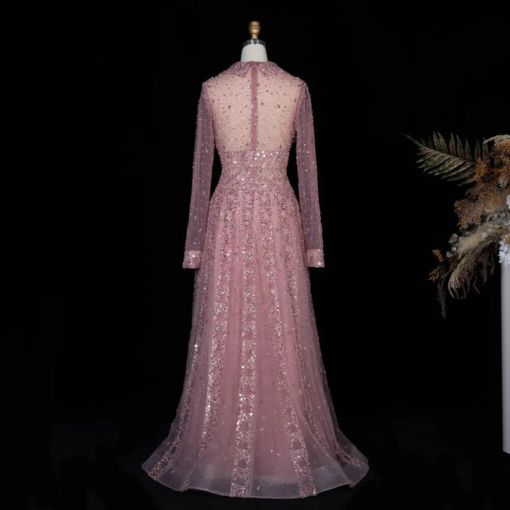 Luxury Champagne Gold Sequin Long Sleeve Evening Gown with Sheer Tulle Overlay SS419
