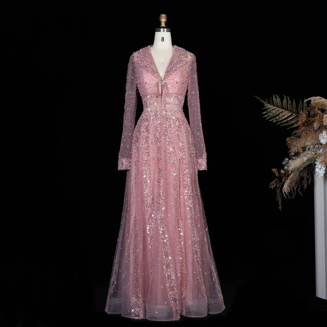 Luxury Champagne Gold Sequin Long Sleeve Evening Gown with Sheer Tulle Overlay SS419