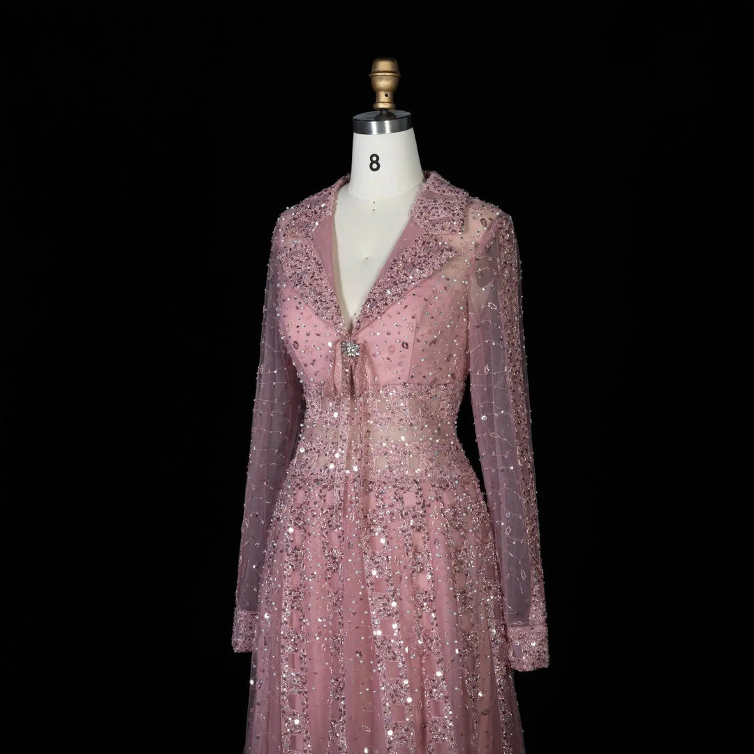 Luxury Champagne Gold Sequin Long Sleeve Evening Gown with Sheer Tulle Overlay SS419