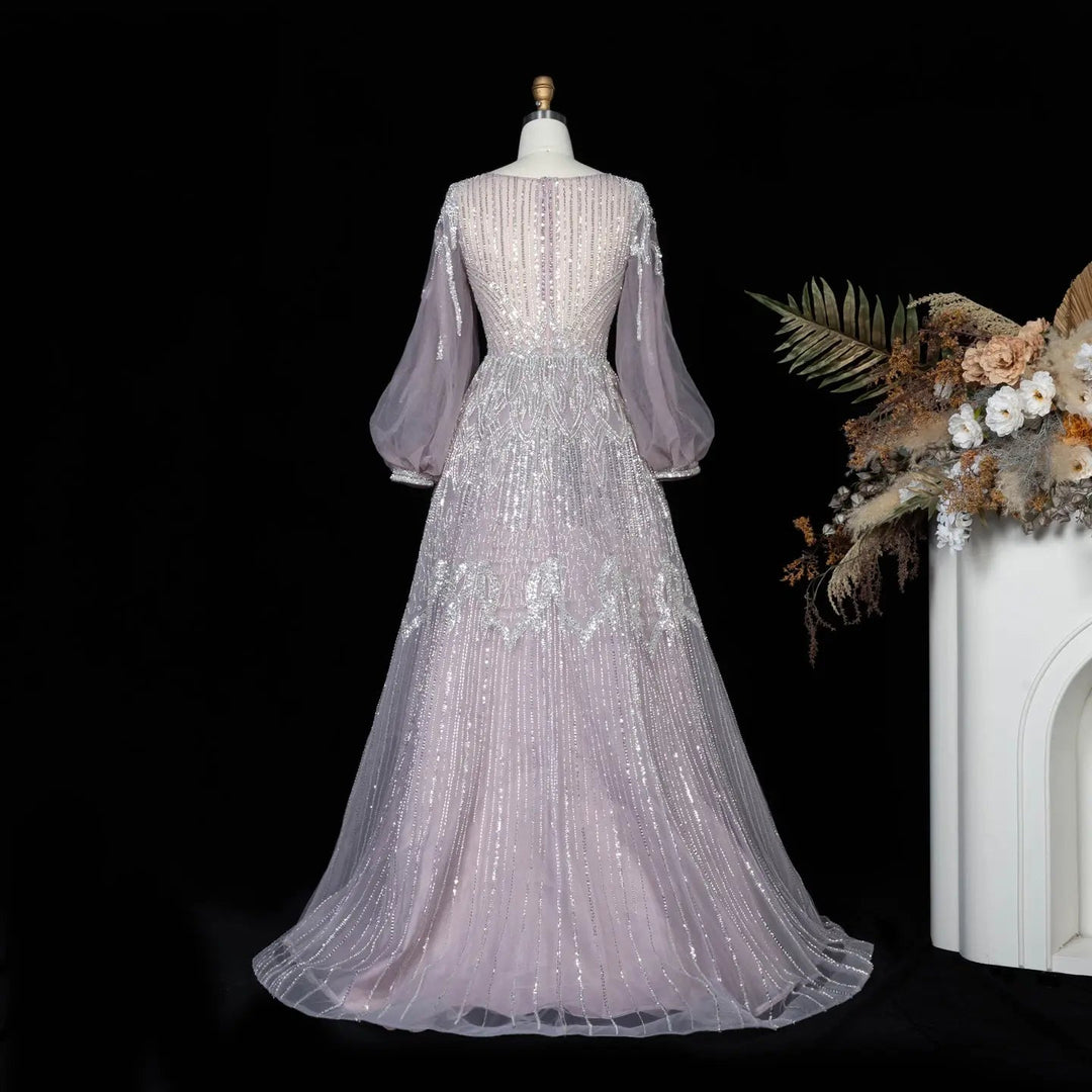 Beaded V Neck Lantern Sleeve A-Line Prom Evening Dress SS057