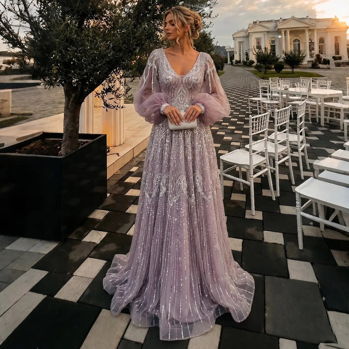 Beaded V Neck Lantern Sleeve A-Line Prom Evening Dress SS057