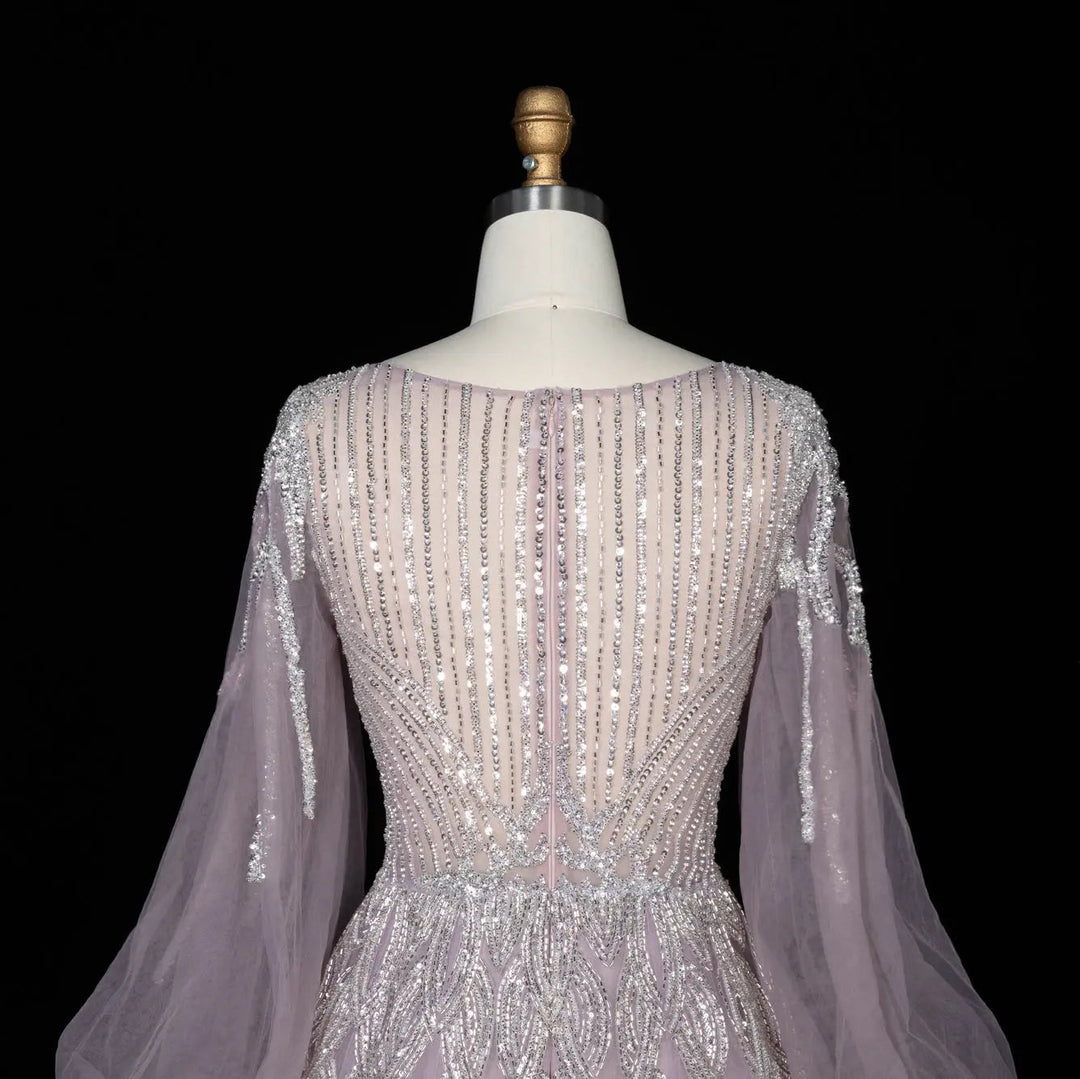 Beaded V Neck Lantern Sleeve A-Line Prom Evening Dress SS057