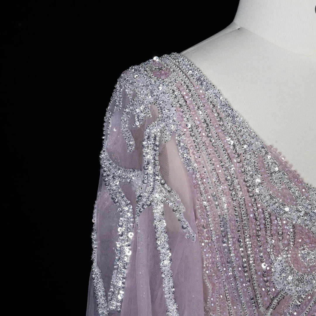 Beaded V Neck Lantern Sleeve A-Line Prom Evening Dress SS057