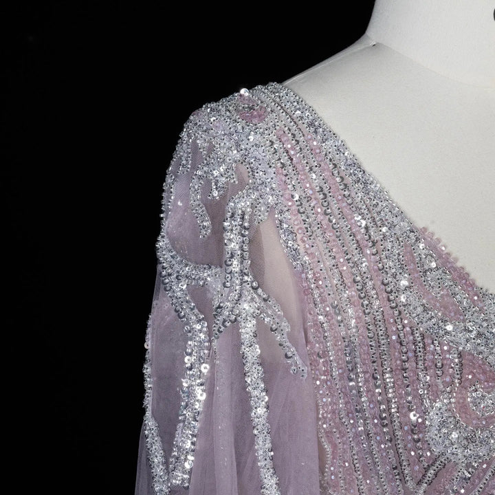 Beaded V Neck Lantern Sleeve A-Line Prom Evening Dress SS057