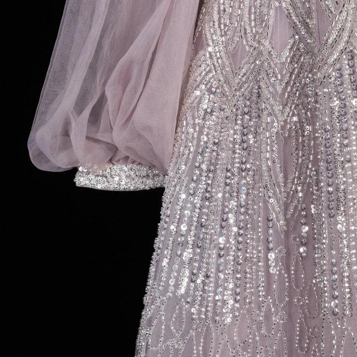 Beaded V Neck Lantern Sleeve A-Line Prom Evening Dress SS057