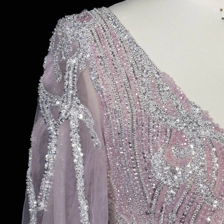 Beaded V Neck Lantern Sleeve A-Line Prom Evening Dress SS057